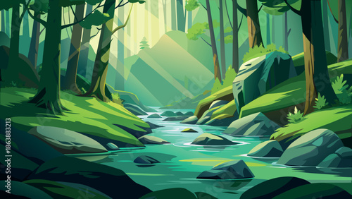 Sun-Drenched Forest Landscape with Winding Stream and Radiant Light Rays