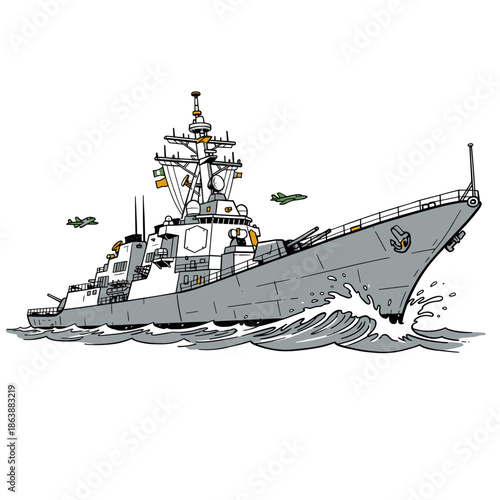 Military Destroyer Vector Art.Cartoon Warship Illustration.Hand Drawn Naval Ship.Combat Vessel on Ocean.Fast Moving Frigate Design