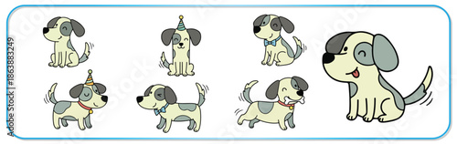 Adorable cartoon dog in various happy playful poses and emotions
