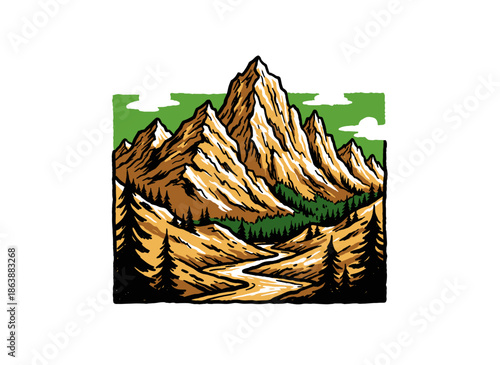 Vintage Mountain Peak Art.Rocky Alpine Landscape Graphic.Hand Drawn Nature Emblem.Outdoor Adventure Scene.Majestic Mountain Vector