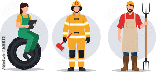 Professional workers illustration set, mechanic firefighter farmer characters, different occupations, safety uniform people, flat design vector, isolated background