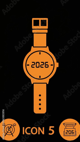 Simple orange watch icon with digital display showing the year 2026.