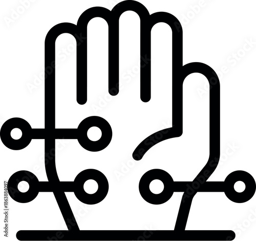 Electronic sensors attached to a human hand represent the concept of neural network and artificial intelligence controlling human actions