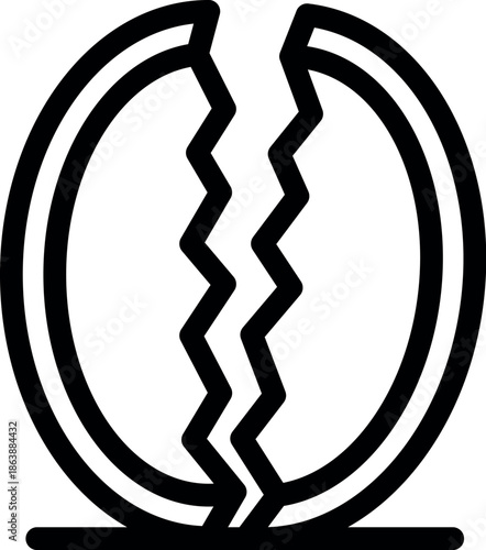 Simple black and white vector icon representing a broken sphere, split in two halves by a zigzag line, symbolizing rupture and division