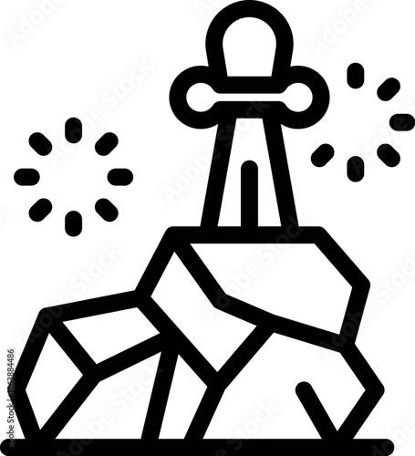 Magical sword stuck in a stone emitting sparkles, fantasy icon in line art style