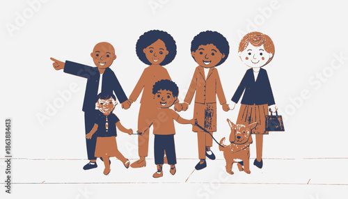 A group illustration depicting people of various ethnicities and a dog walking