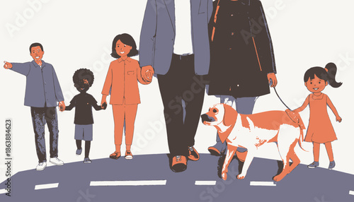 Illustration of a diverse group walking together on a road, a dog accompanies them