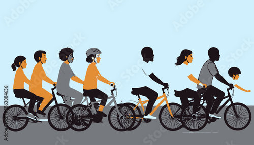 Group of people of diverse skin tones enjoying a sunny day of bicycle riding