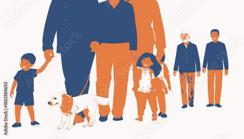 A group of silhouetted figures of various ages, with a dog, in two contrasting colors
