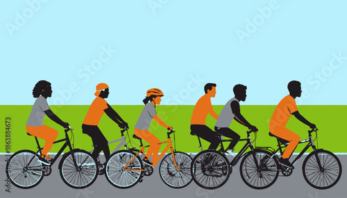 Stylized illustration of six people riding bicycles in profile against a blue and green background