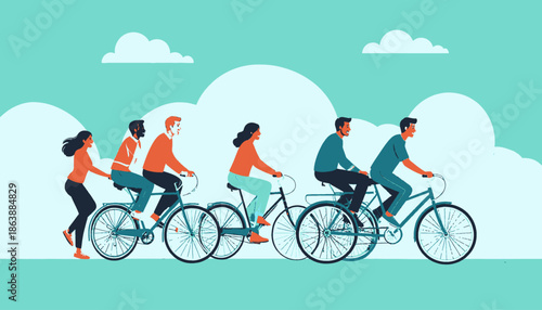 Illustration of a group of people cycling together against a light turquoise backdrop with clouds