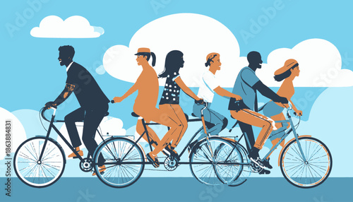 Illustration of a group of diverse people riding tandem bicycles on a sunny day