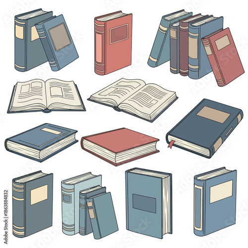 Collection of Illustrated Books in Various Styles and Colors.