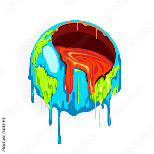 Melting earth planet with glowing magma core as symbol of global warming and climate change crisis in vector style. Perfect for environmental campaign and ecology report. sustainability awareness.