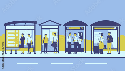 Illustration of people waiting at four bus stops, flat design with a minimalist aesthetic