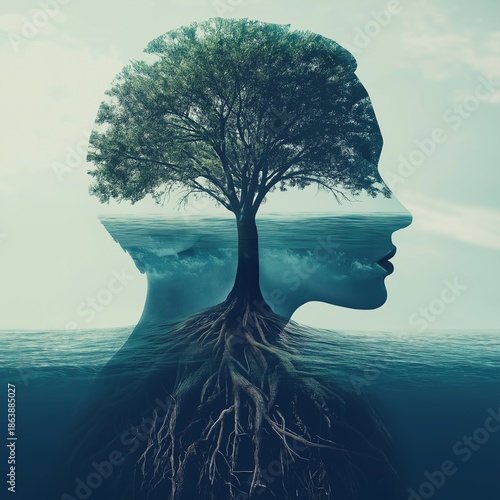 Double exposure man profile with tree growing in head and roots
