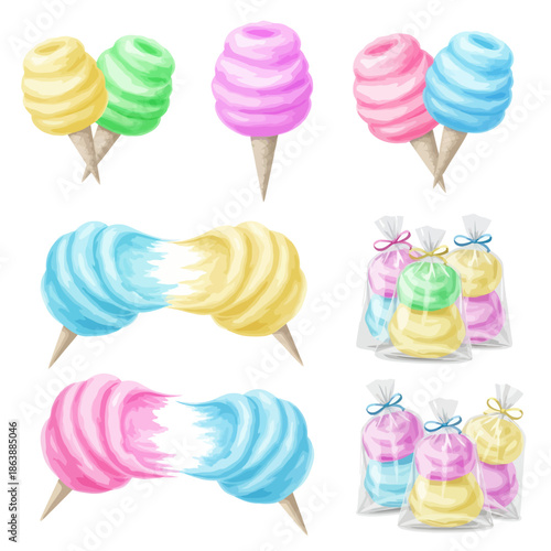 Colorful Cotton Candy Cones and Bags Sweet Treats Illustration.