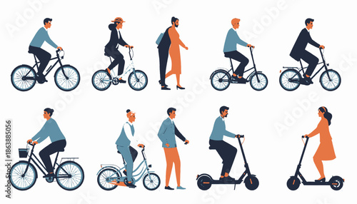 Illustration of people riding bikes, scooters, and walking in a flat, minimalist vector style