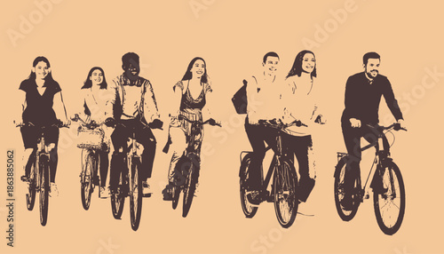 Group of people enjoying a bike ride, silhouetted against a neutral background