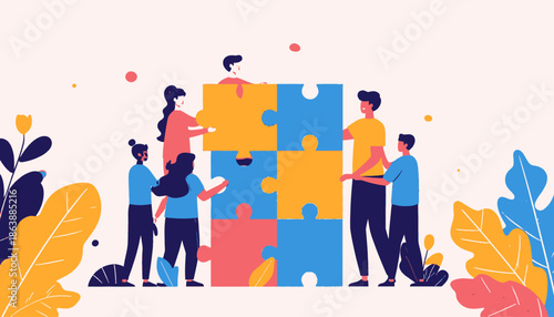 Group of people putting together a puzzle, with floral elements. Flat design style
