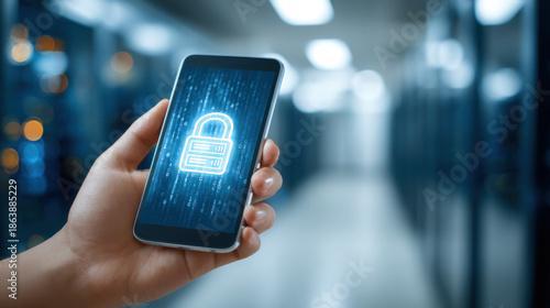 Hand holding smartphone with digital lock icon on screen in data center corridor