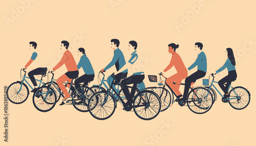 Illustration of several people riding bicycles across the frame, each with different clothing colors