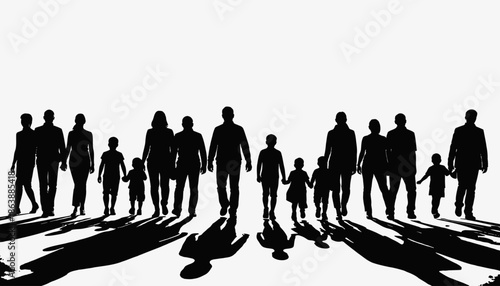 Silhouettes of diverse people, families and individuals, walking forward with shadows