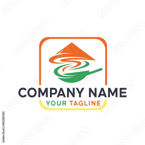 Asian Food Restaurant Logo with Wok and Hat.