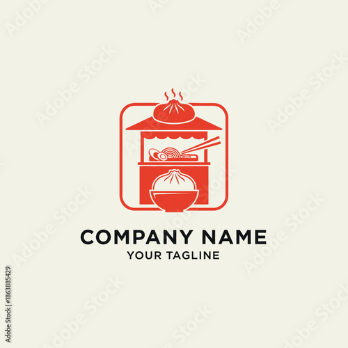 Asian Food Stall Logo Design with Dumplings and Noodles.