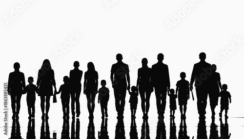 Silhouetted figures of various family groups walking in a line, with their reflections below