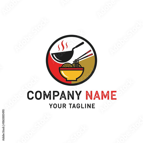 Asian Noodle Bowl with Chopsticks and Wok Logo Design.