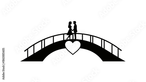 Silhouette of a loving couple standing on a bridge with a heart in the middle, symbolizing romance and connection.