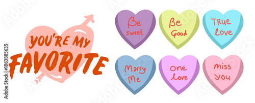 Romantic candy hearts collection expressing various sentiments of love and affection