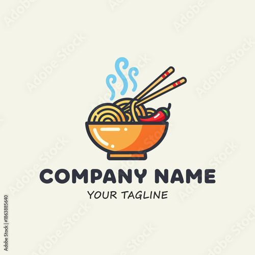 Delicious Noodle Bowl with Chopsticks and Chili Pepper.