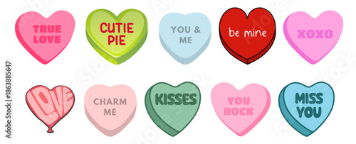 A sweet assortment of colorful conversation hearts and a love balloon for valentine's day