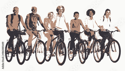 Group of people of different ages riding bicycles and smiling.  Minimalistic artwork style