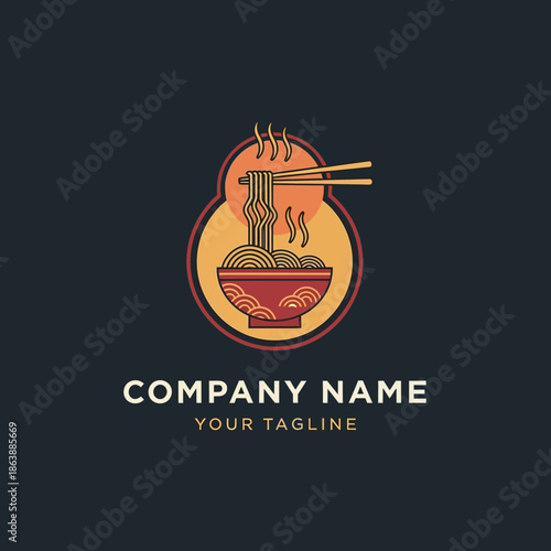 Delicious Noodle Bowl with Chopsticks Logo Design.