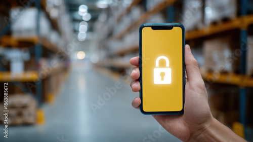 Hand holding smartphone with padlock icon on screen in warehouse aisle conveying security and protection