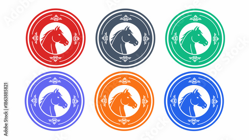 Modern Geometric Horse Head Silhouette Icon Set in Colored Circles