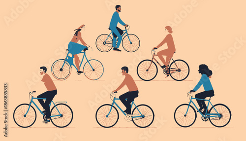 Seven people of various genders cycling. Background is a solid, warm color. Cyclists in casual clothing
