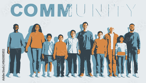 A group of people stand together beneath the word "COMMUNITY". Their skin and clothing are colored