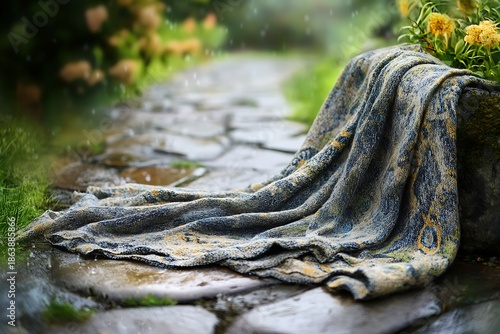 A comfortable woolen scarf placed elegantly across a wooden garden seat