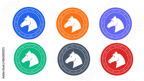 Flat Design Horse Head Silhouette in Circle with Dashed Lines Variety of Colors Set Icon