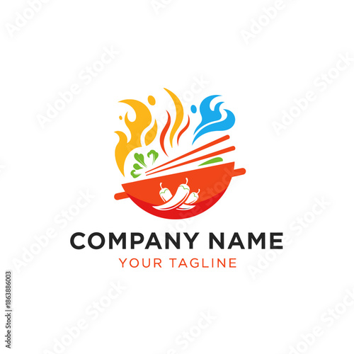 Spicy Food Logo Design with Chili Peppers and Flames.
