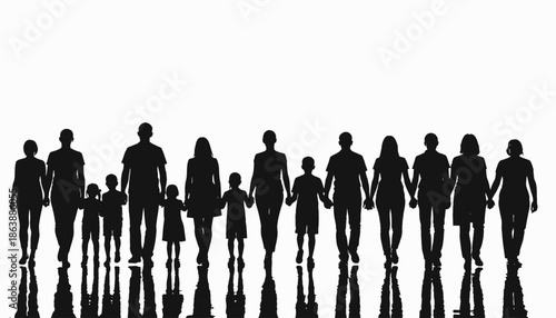 Silhouetted figures of adults and children hold hands, walking towards the viewer with reflections