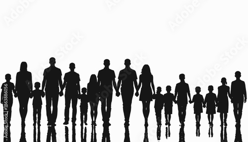 Silhouetted figures of various people walking together, holding hands, with a reflection below