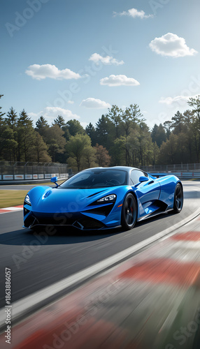 Blue sports car races on an outdoor track showcasing speed and advanced automotive design