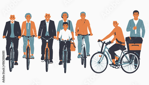Illustration of several diverse people riding bicycles of varying styles with an artistic, flat design