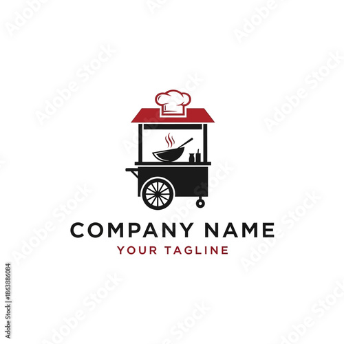 Street Food Cart Logo Design with Chef Hat and Wok.