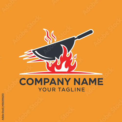 Wok Cooking Fire Flames Restaurant Logo.